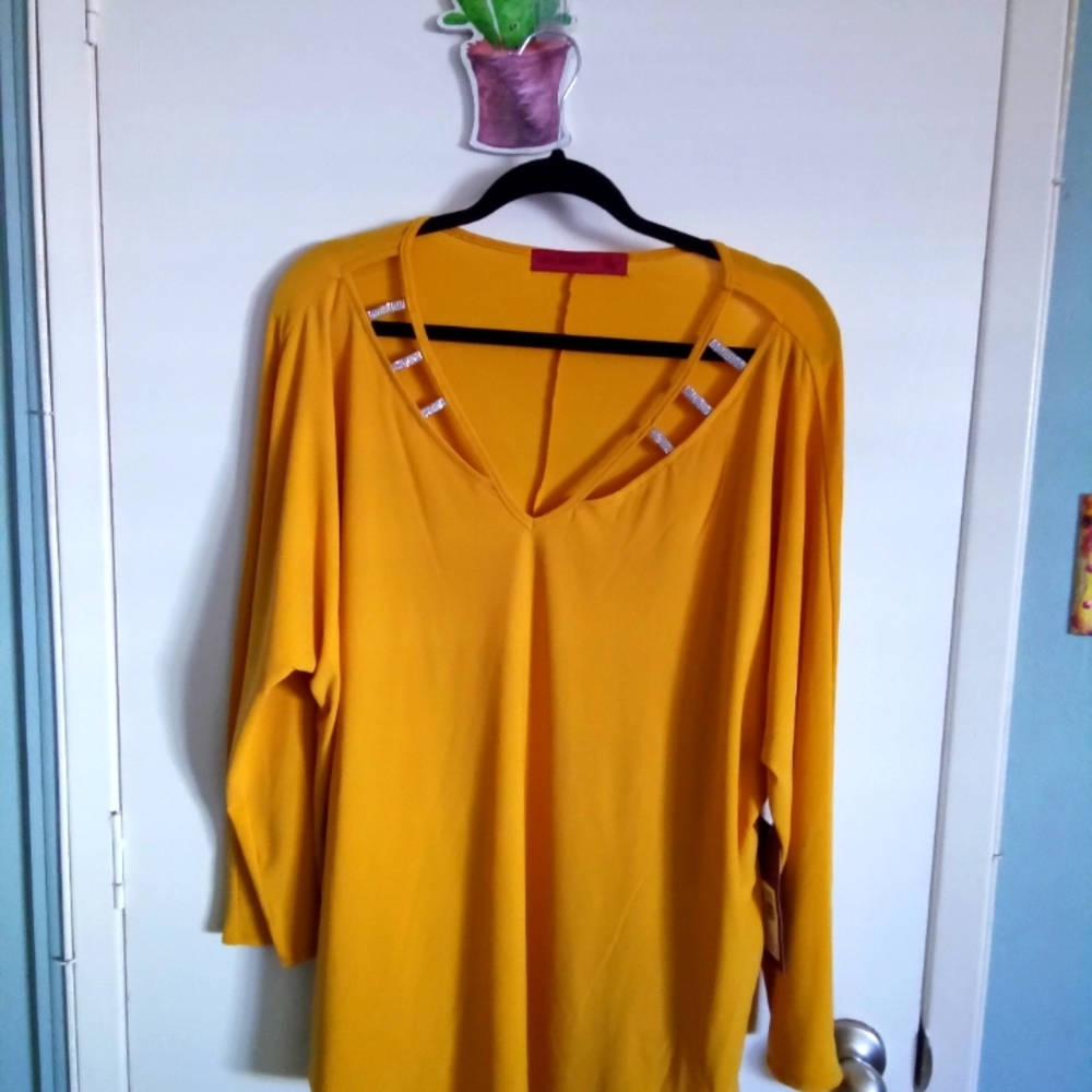 By Love Scarlett  beautiful Mustard shirt with rhinestone accent